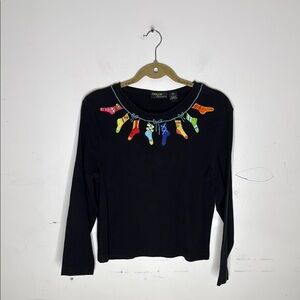 Onque Casuals Black Top with Colorful Sock Design Cotton Size Large